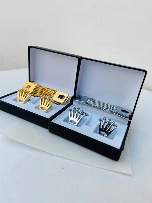Rolex Cufflinks with Box and Chain Gold SIlver Color