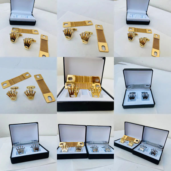 Rolex Cufflinks with Box and Chain Gold SIlver Color